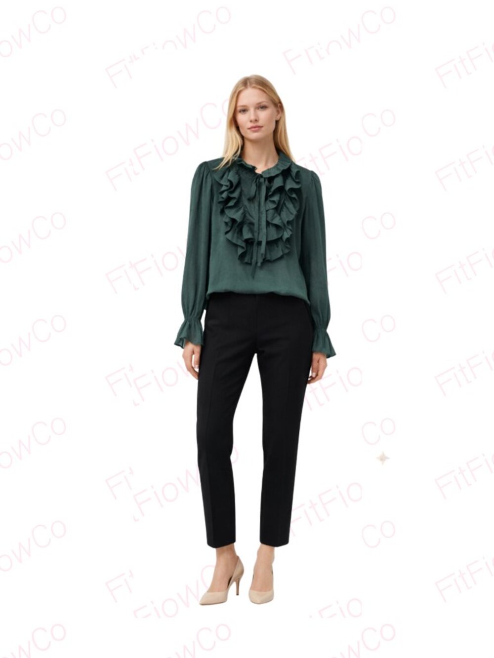ZARA Forest Green RuffleNeck Blouse L Tie Front Romantic Victorian TopLongSleeve